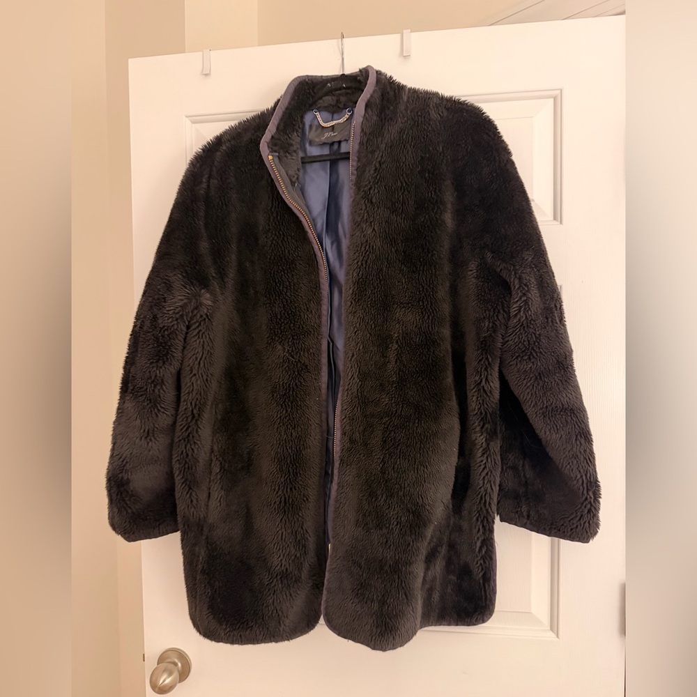 J. Crew Black Faux Fur Jacket Teddy Coat Size L